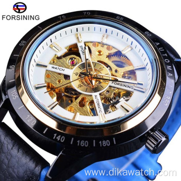 Top Brand Luxury Mens Forsining Motorcycle Design Transparent Genuine Strap Waterproof Skeleton Men Automatic Watches Clock